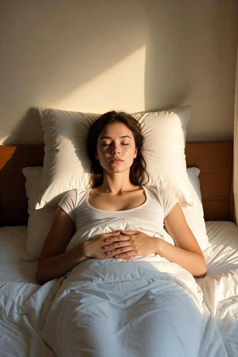 Woman resting peacefully in bed with soft morning light, hands gently placed on her chest, symbolizing calm integration and recovery. Photography generated by Grok.