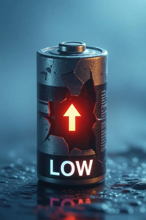 Et skadet sylindrisk batteri merket "LOW" med en glødende rød pil som peker oppover fra en sprekk i siden, mot en blå bakgrunn med reflekterende vanndråper.