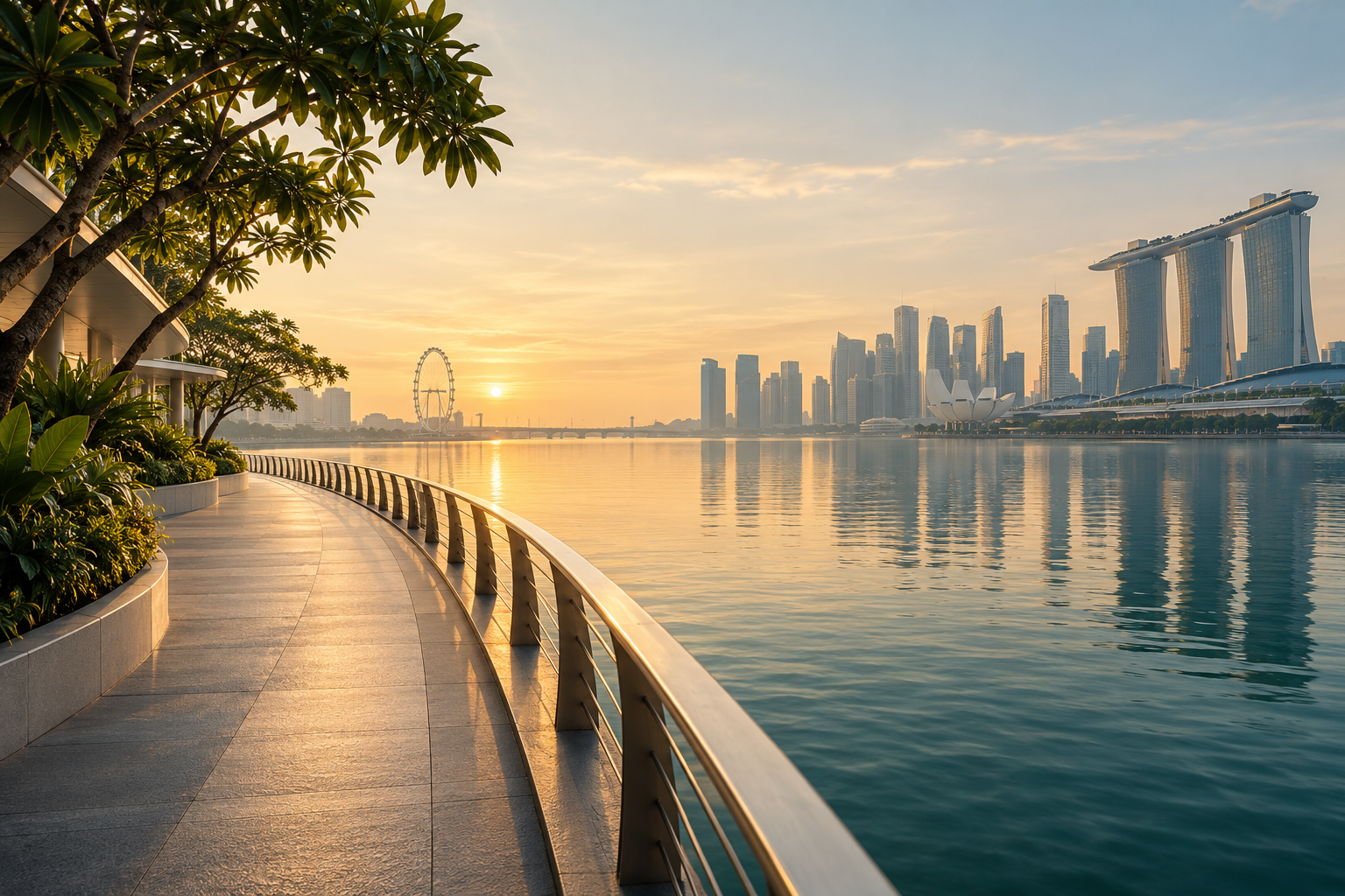 Conceptual Singapore waterfront with a path leading towards the skyline.