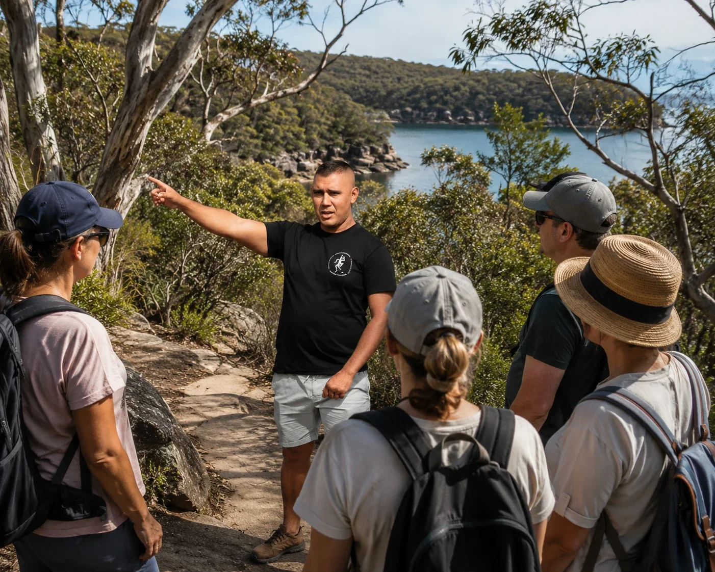 Aboriginal guide leading a walking tour group at Ku-ring-gai Chase