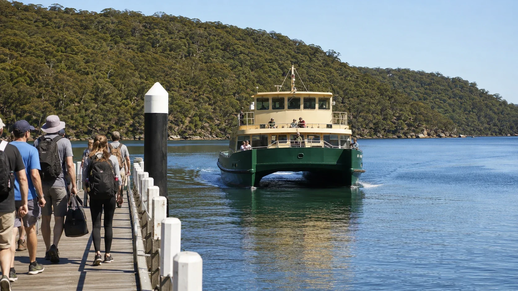 Passenger ferry arriving at The Basin in Ku-ring-gai Chase National Park from Palm Beach.