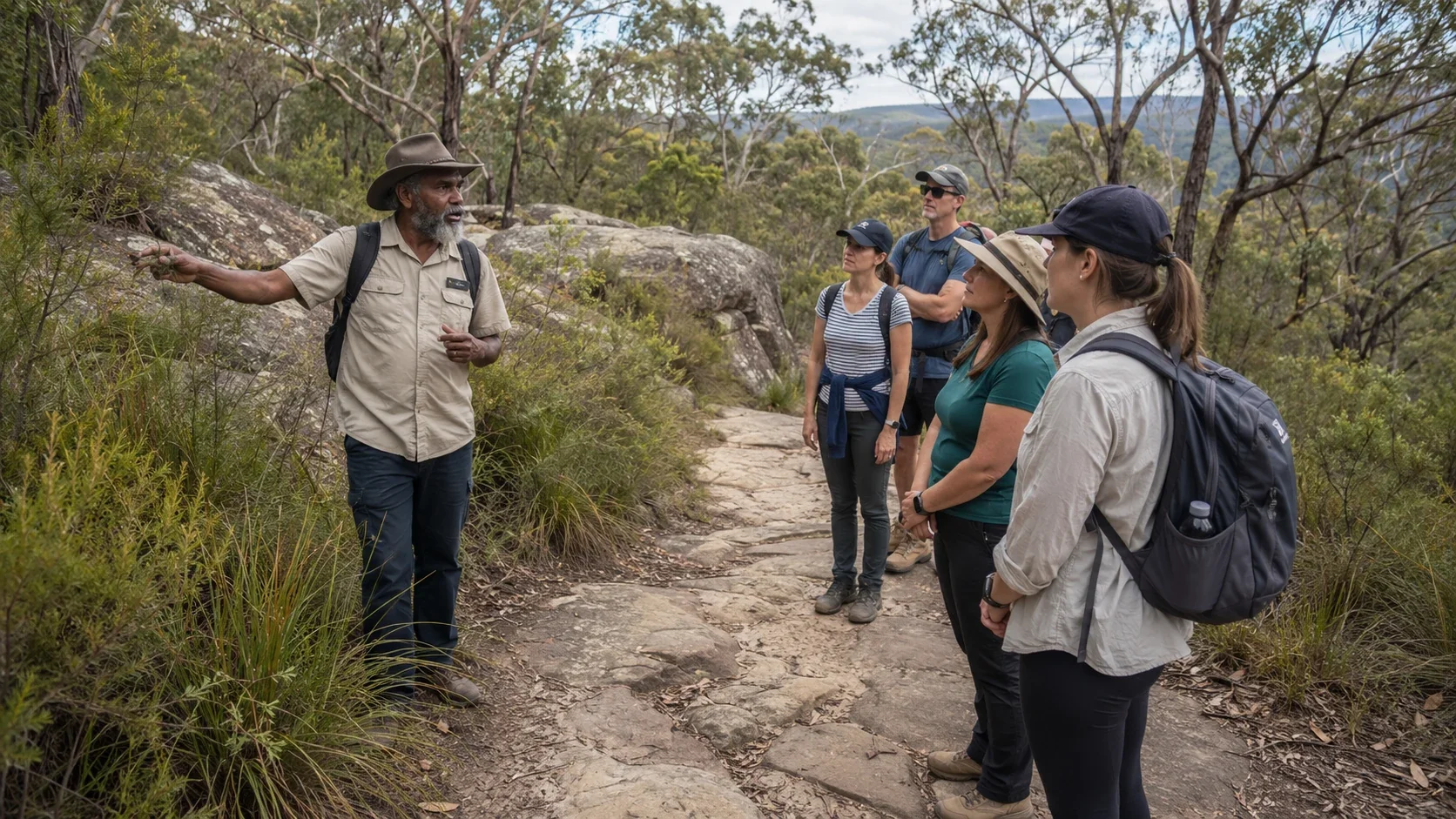 Aboriginal guide leading visitors on a marked walking track in Ku-ring-gai Chase National Park.