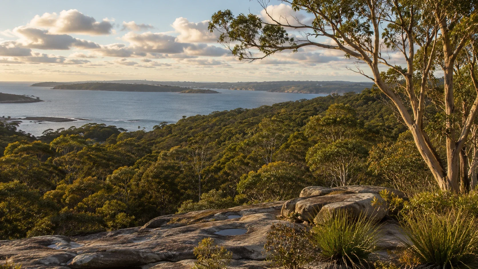 Sydney Country showing bushland, sandstone, water, native plants and open sky