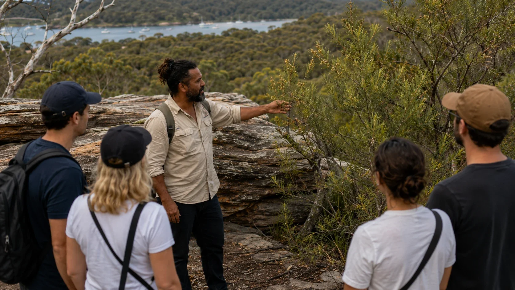 Aboriginal guide sharing cultural knowledge with visitors on Country in Sydney