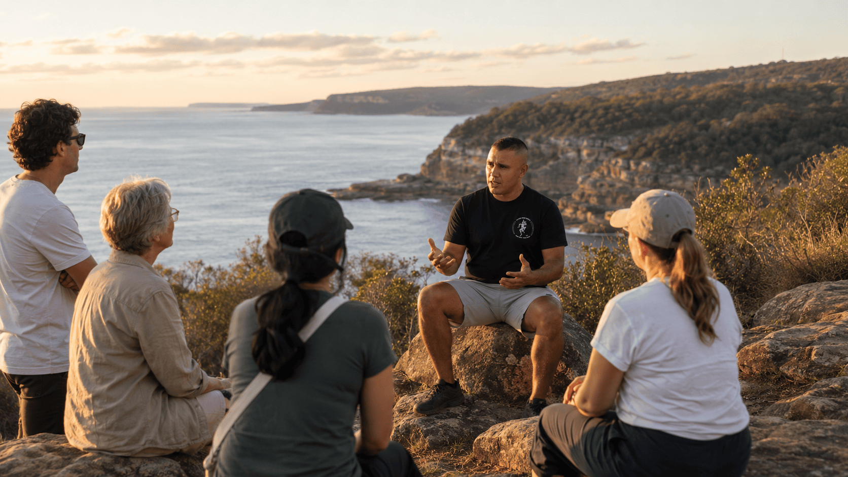 Aboriginal guide sharing cultural knowledge with guests during a Sydney coastal walking tour.