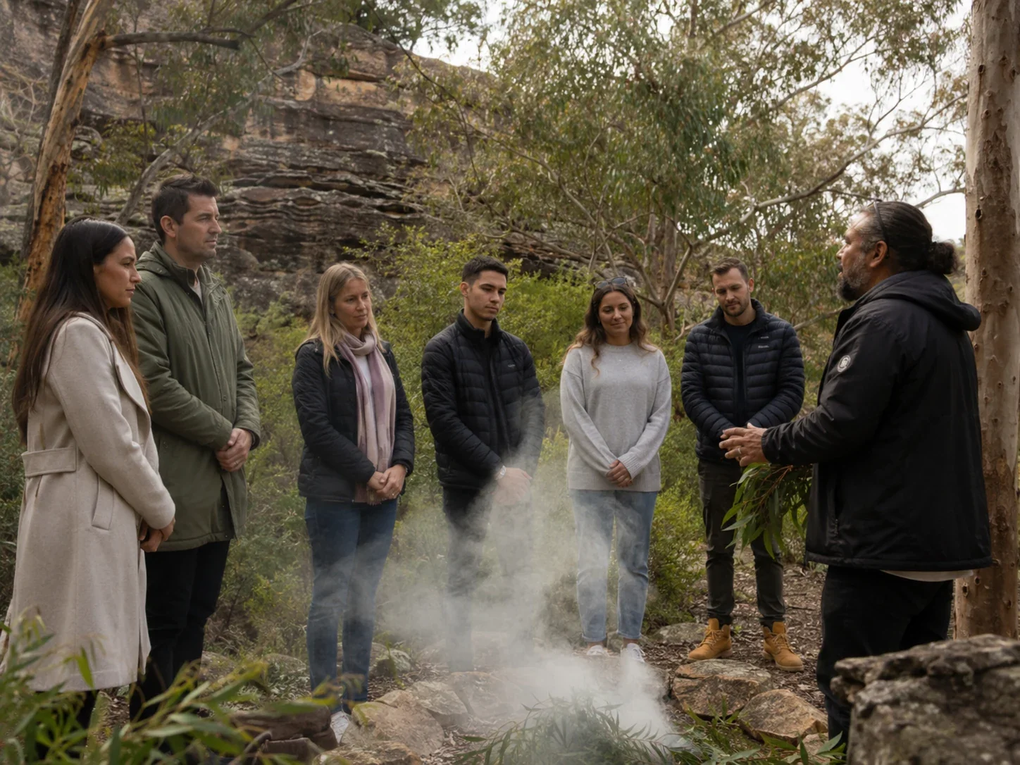 Guests respectfully attending an Aboriginal smoking ceremony in Sydney.