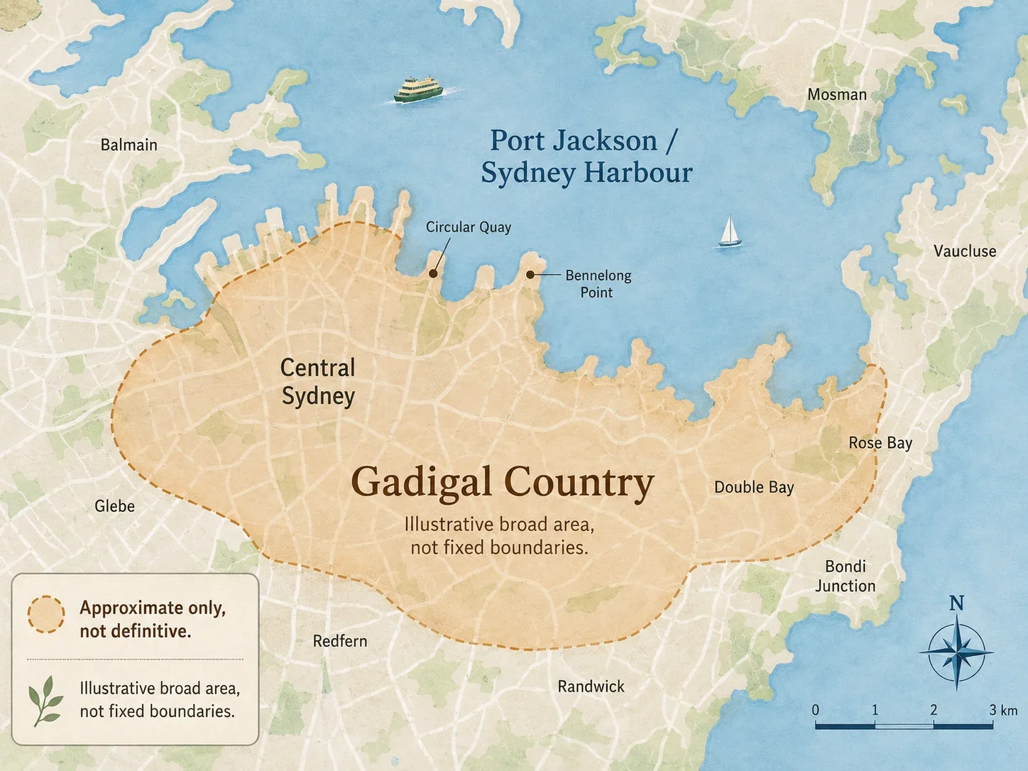 Approximate Gadigal Country around central Sydney and Port Jackson.