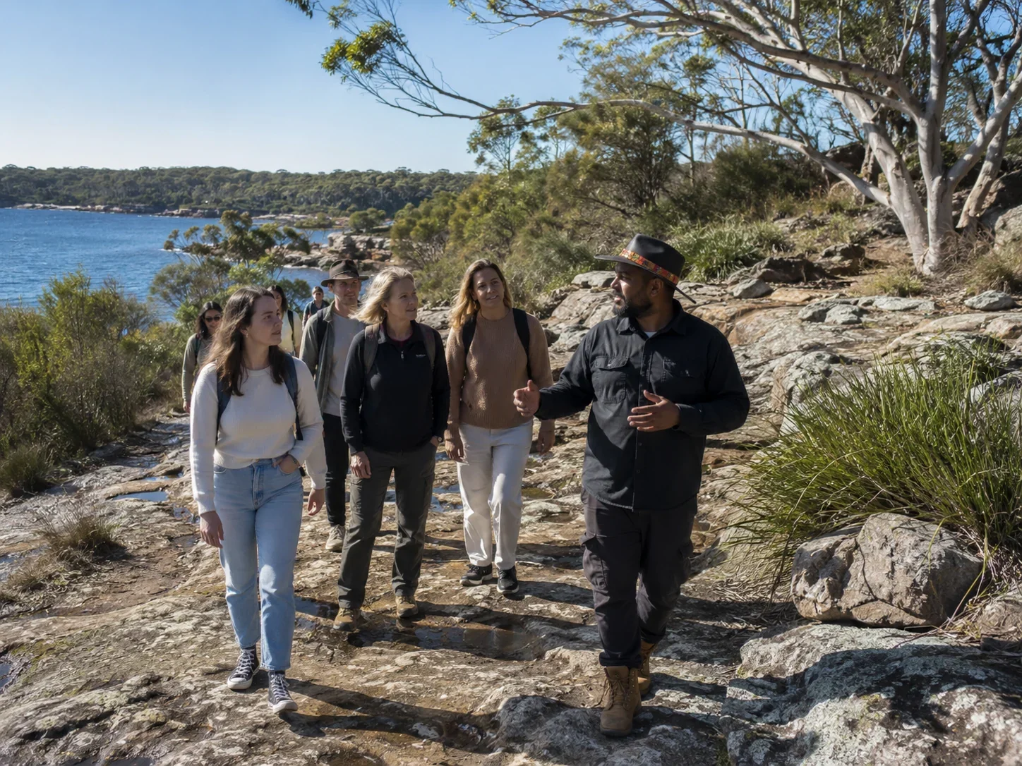 Visitors learning Aboriginal history on Country in Sydney