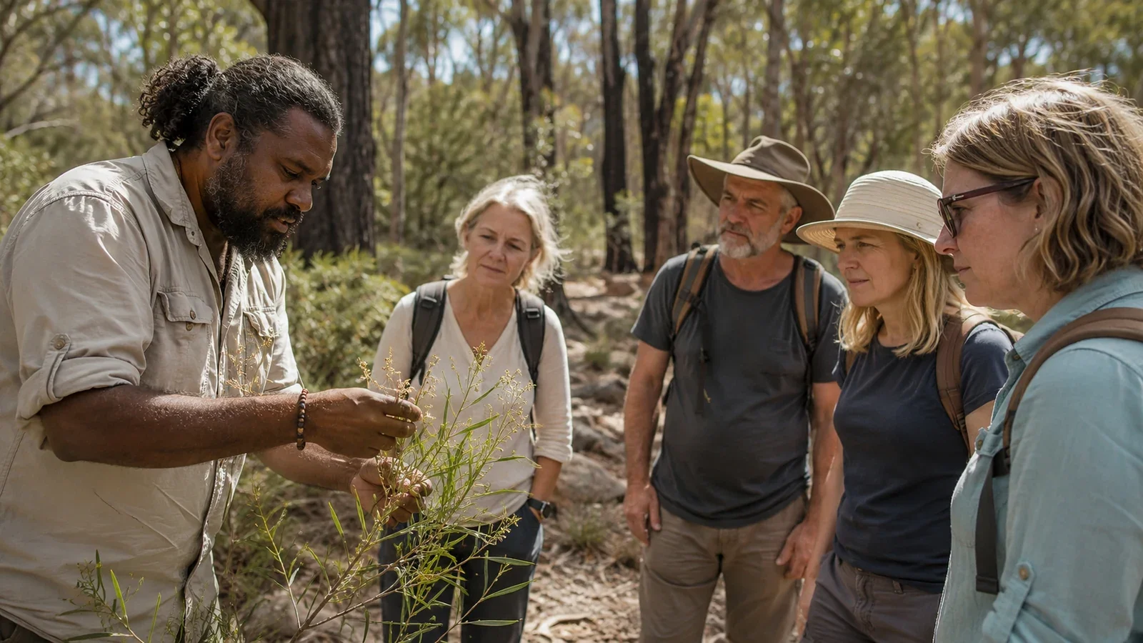 Aboriginal guide explaining a native bush food plant to a walking tour group