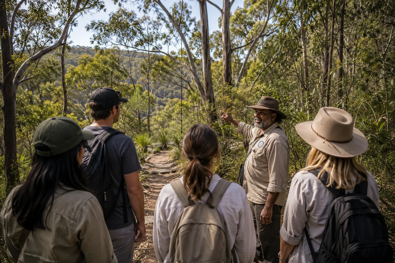 Aboriginal walking tour group learning about Country in a Sydney national park