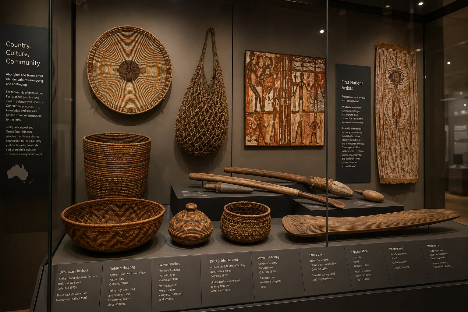First Nations woven items and tools on display in a Sydney museum
