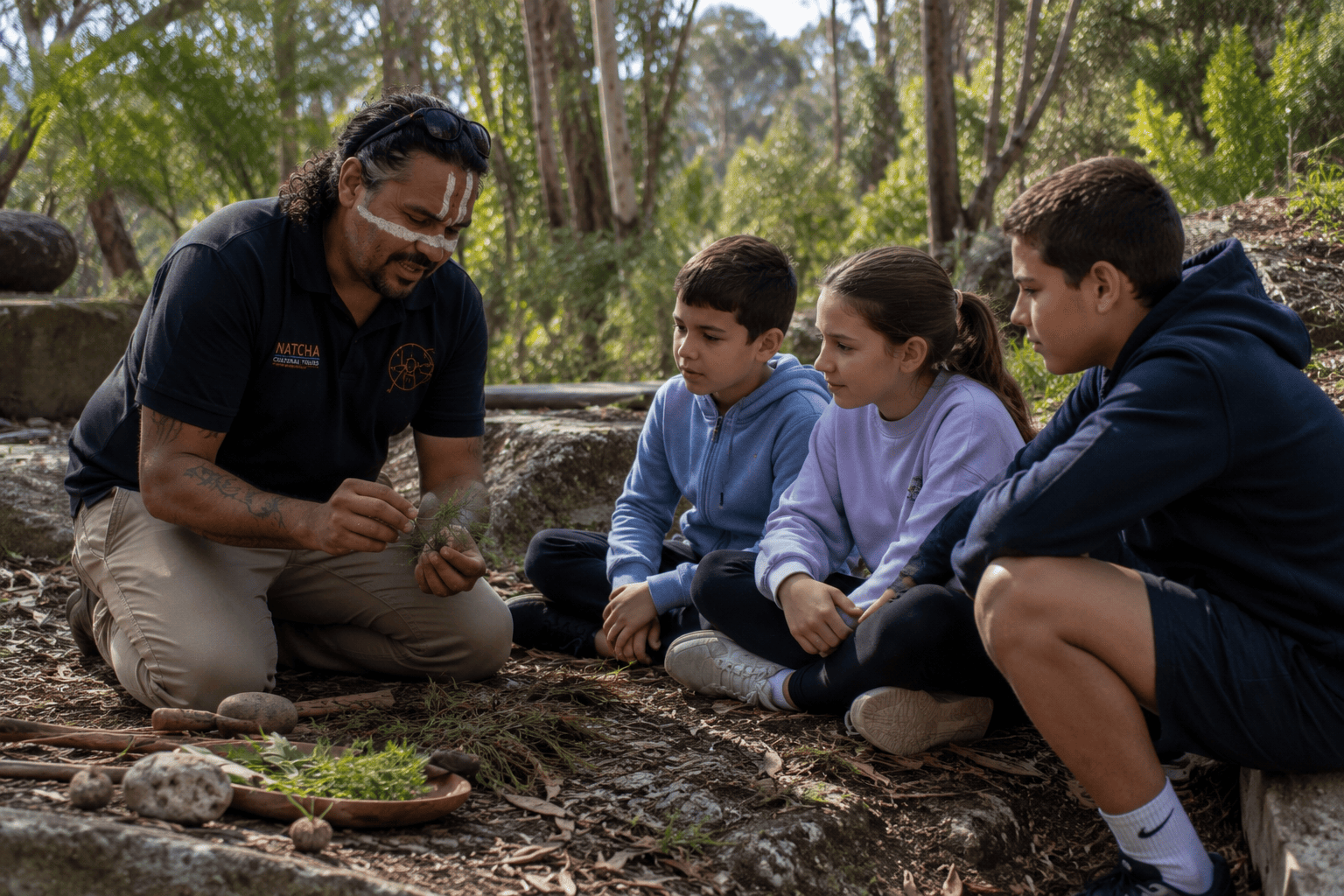 Aboriginal guide teaching children about plants during a family cultural tour in bushland