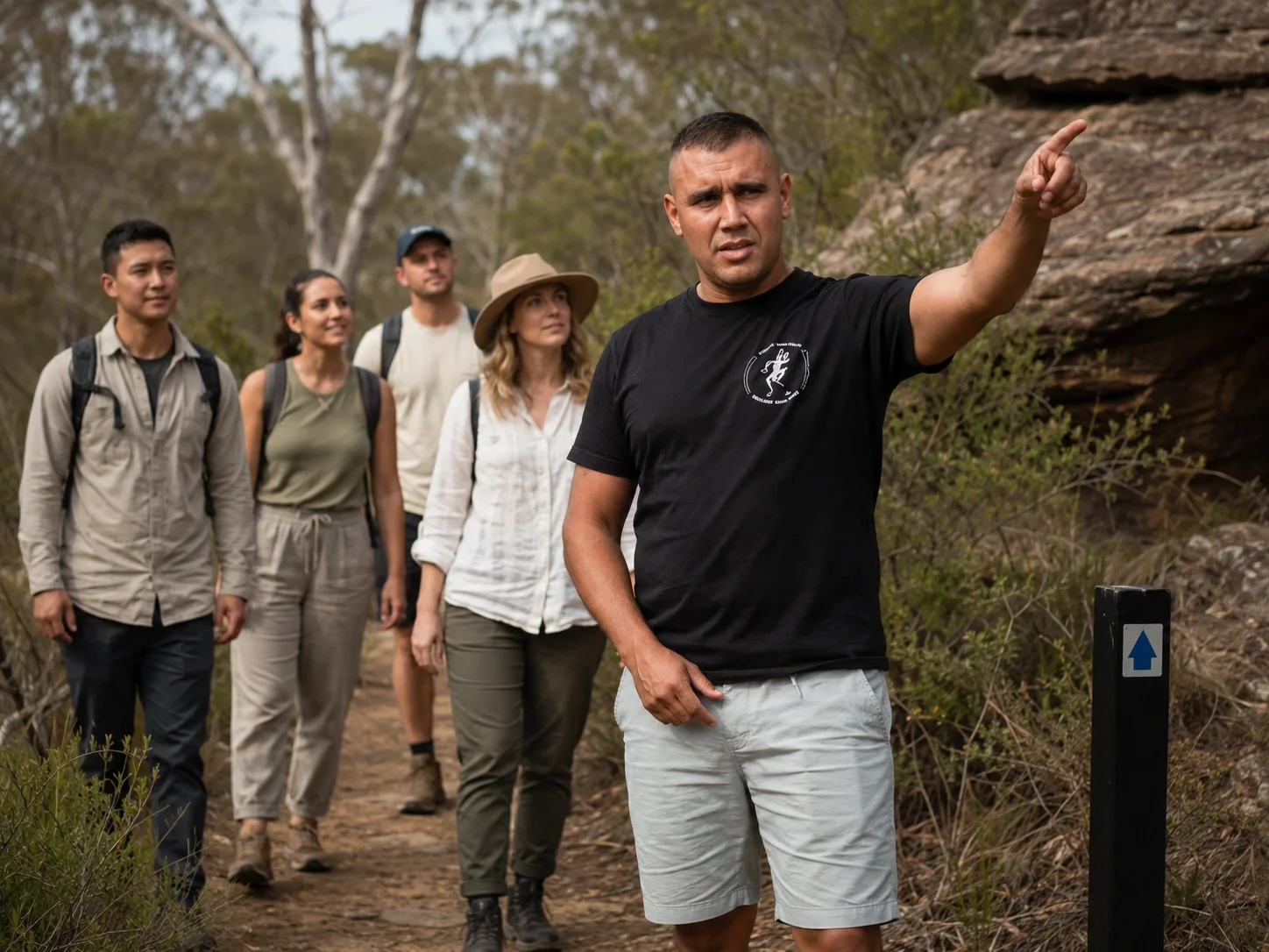 Visitors walking respectfully on Country with an Aboriginal guide