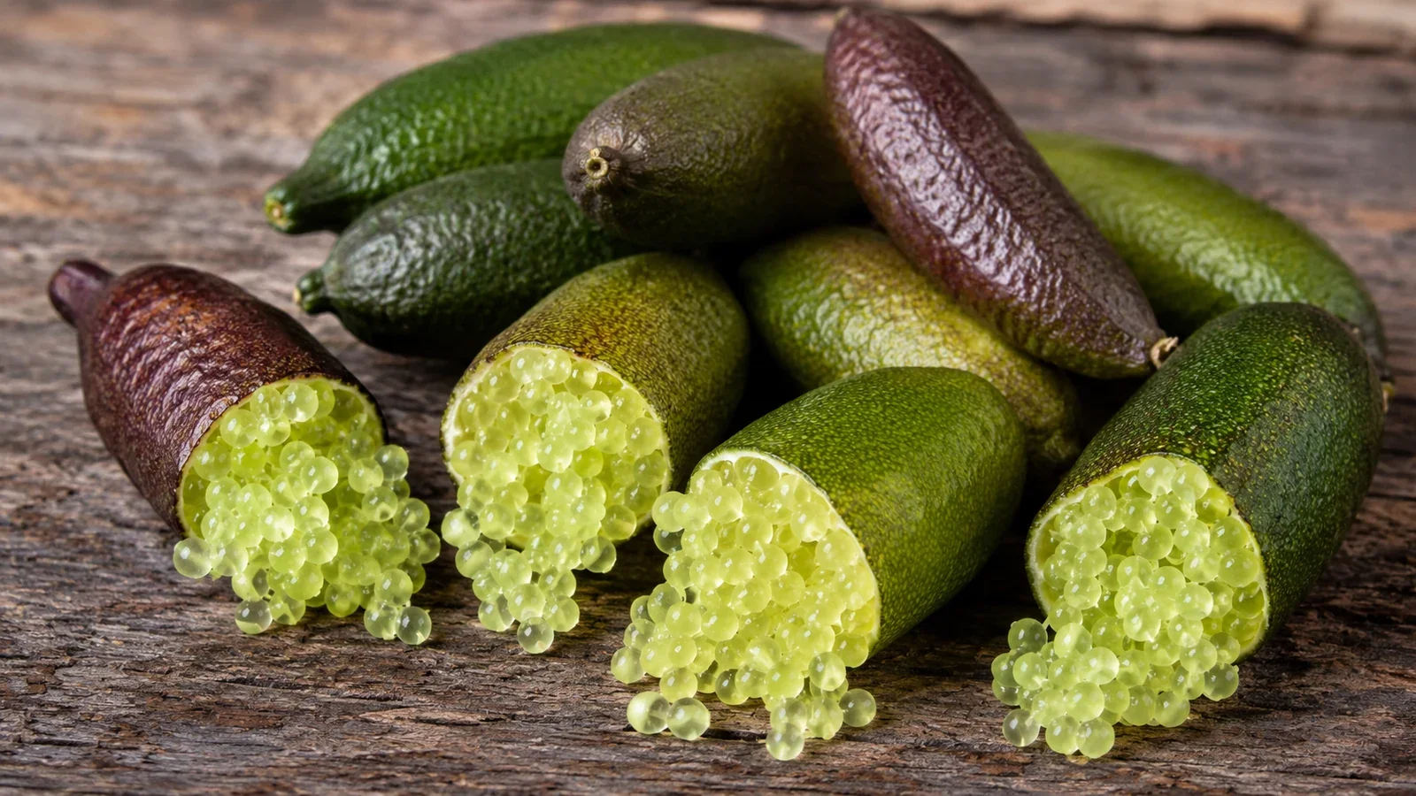 Native Australian finger limes cut open to show the citrus pearls
