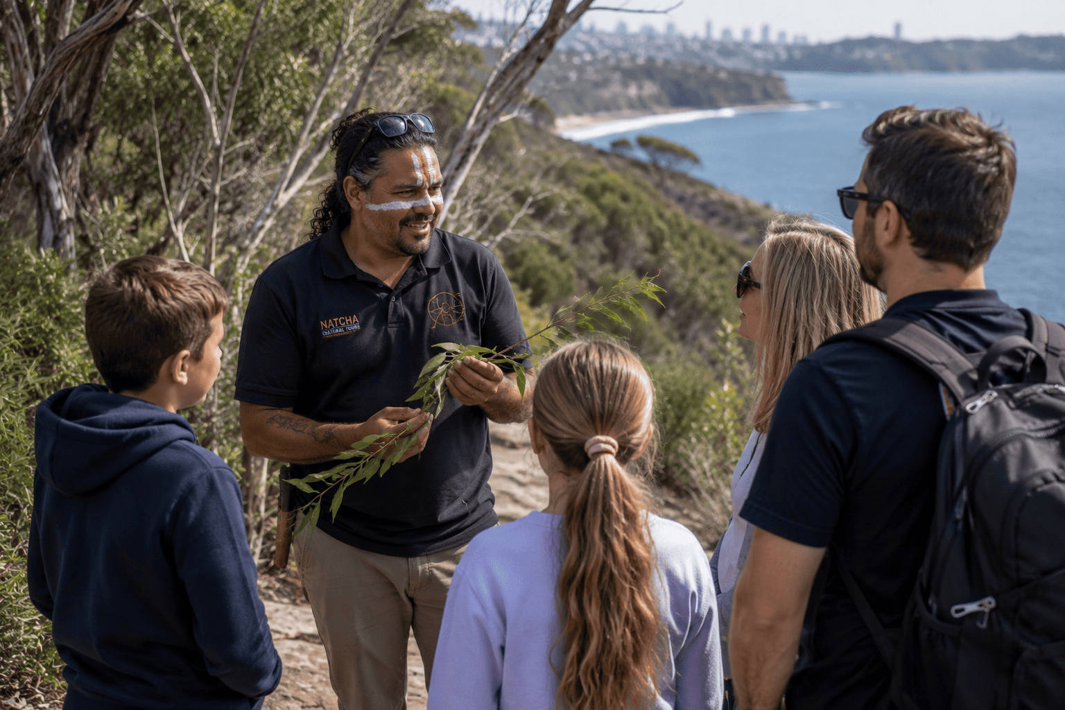 Aboriginal guide sharing native plant knowledge with a family on a Sydney coastal walking tour