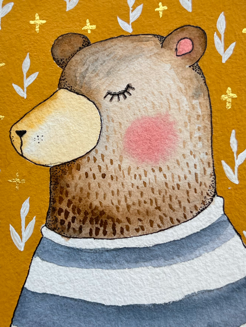 Sleepy content father bear. Mixed media - Watercolor&Acrylics 9,5x7,5in with a frame