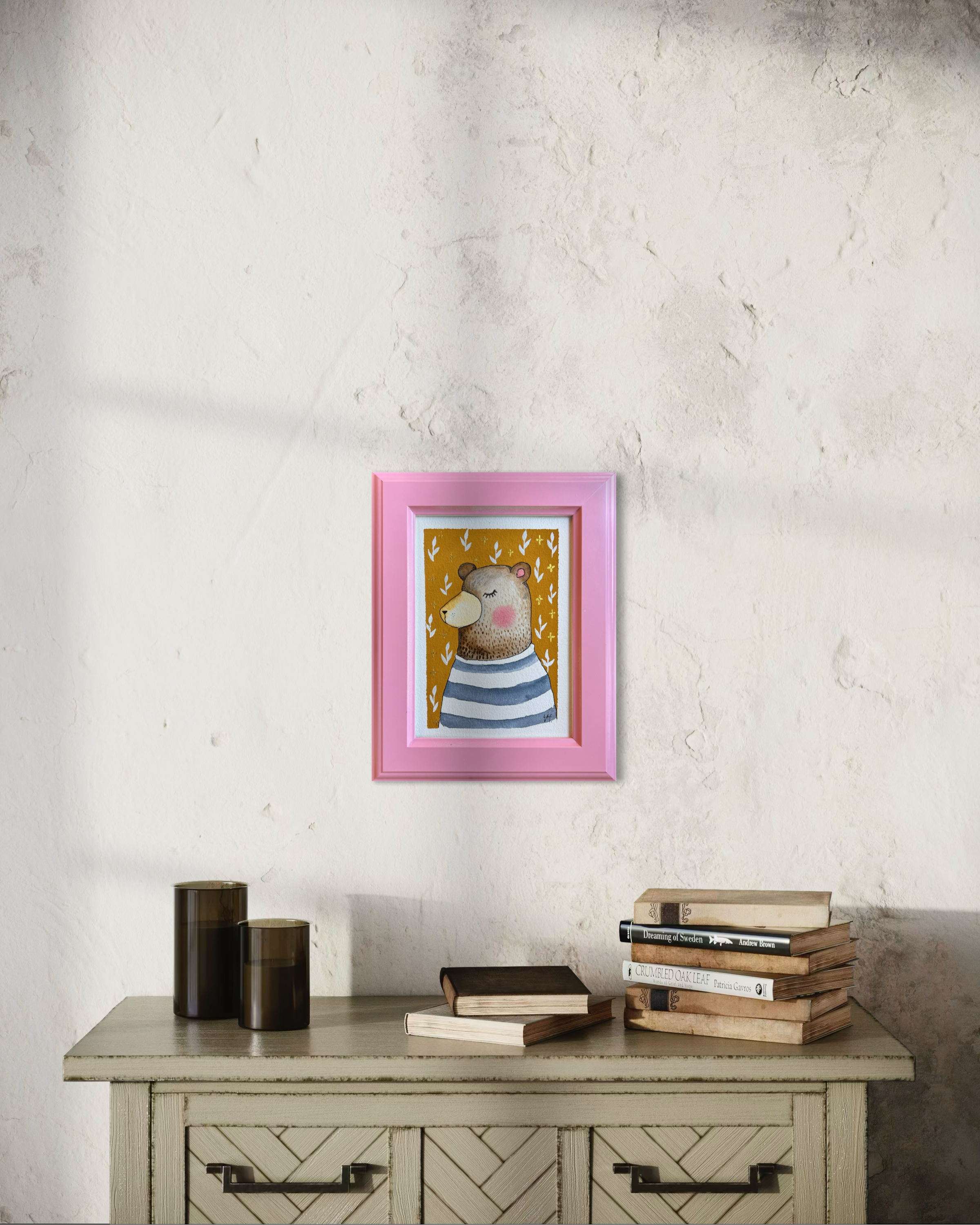 Sleepy content father bear. Mixed media - Watercolor&Acrylics 9,5x7,5in with a frame