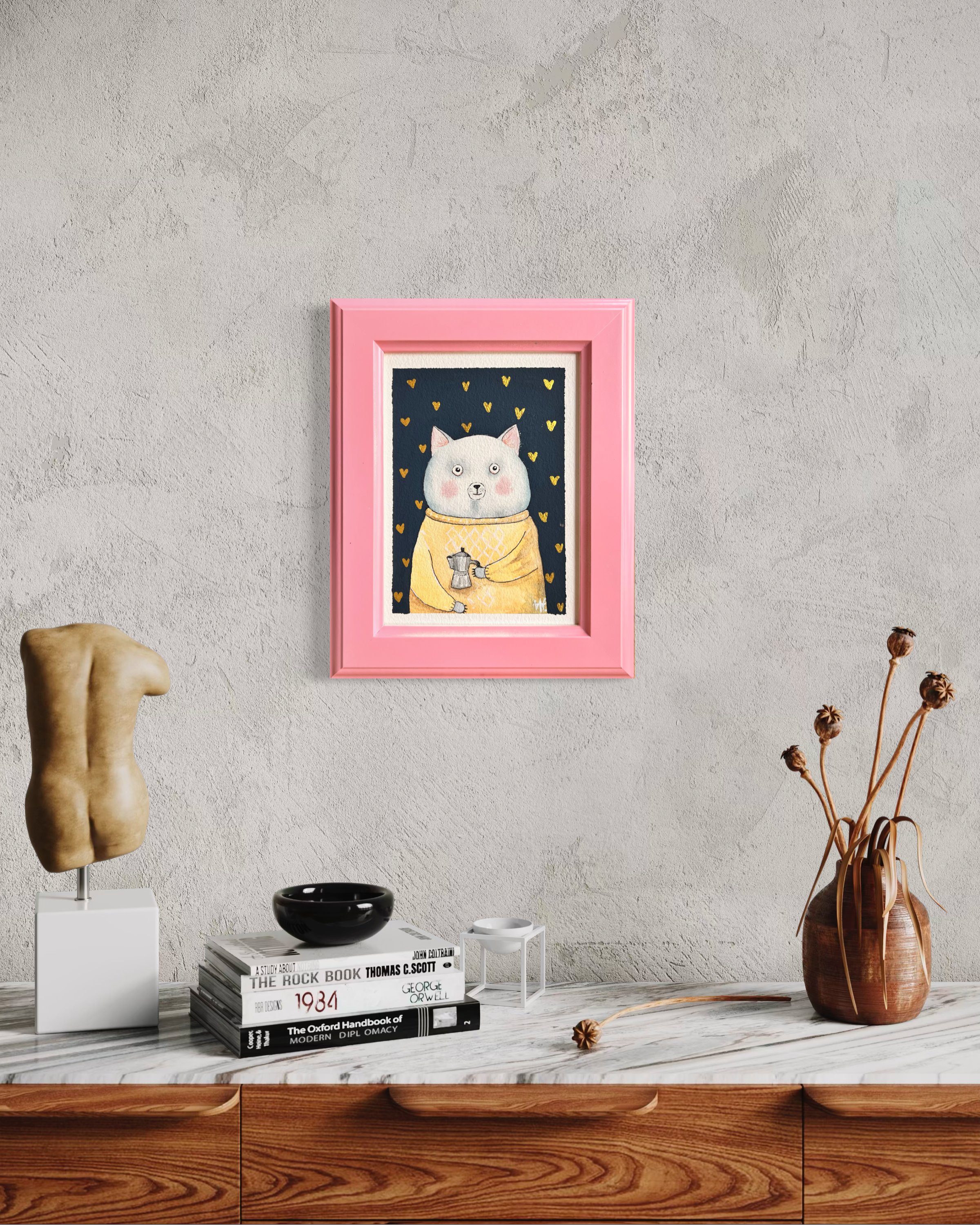 Exhausted mother cat. Mixed media - Watercolor&Acrylics 9,5x7,5in with a frame