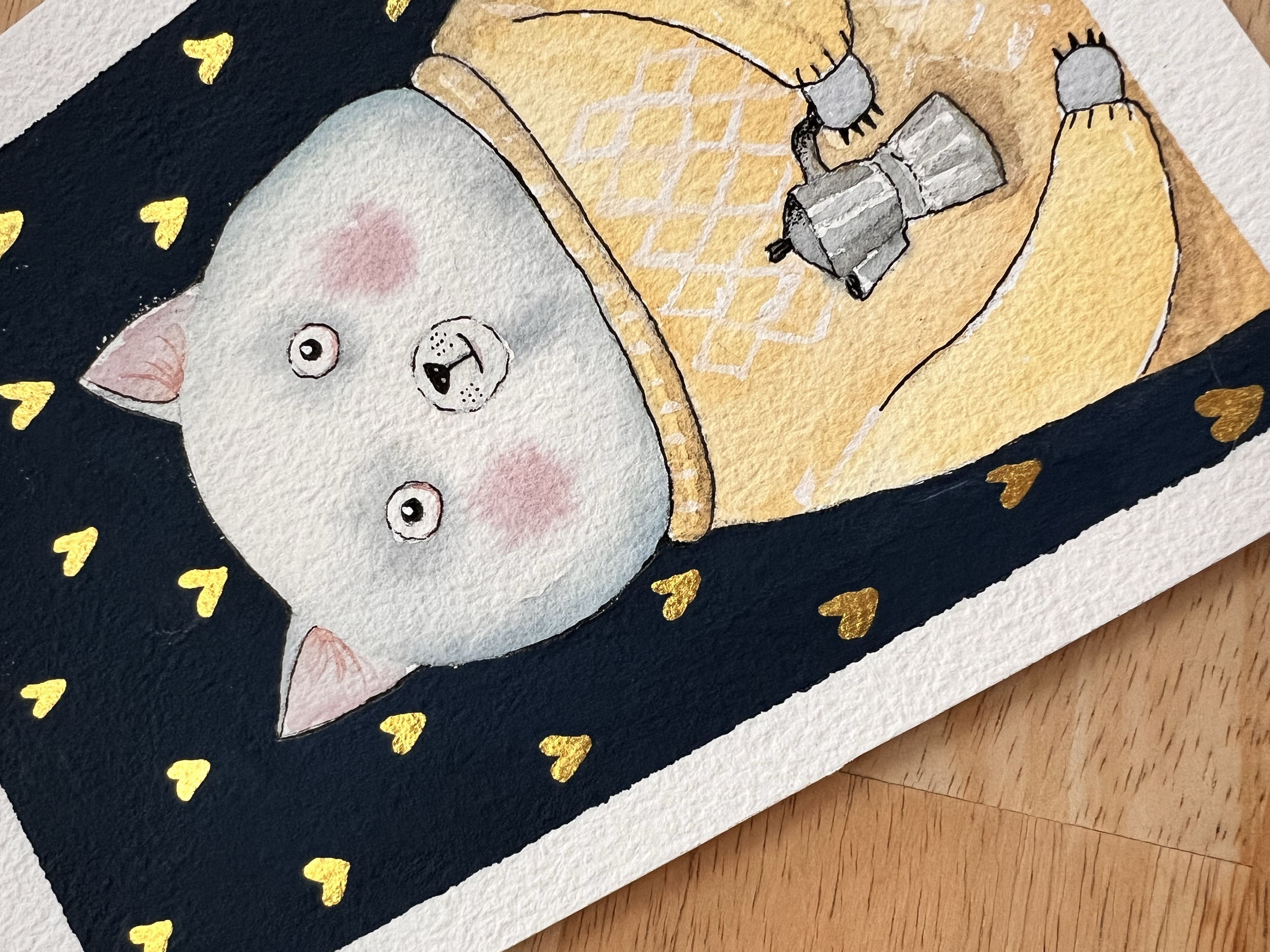 Exhausted mother cat. Mixed media - Watercolor&Acrylics 9,5x7,5in with a frame