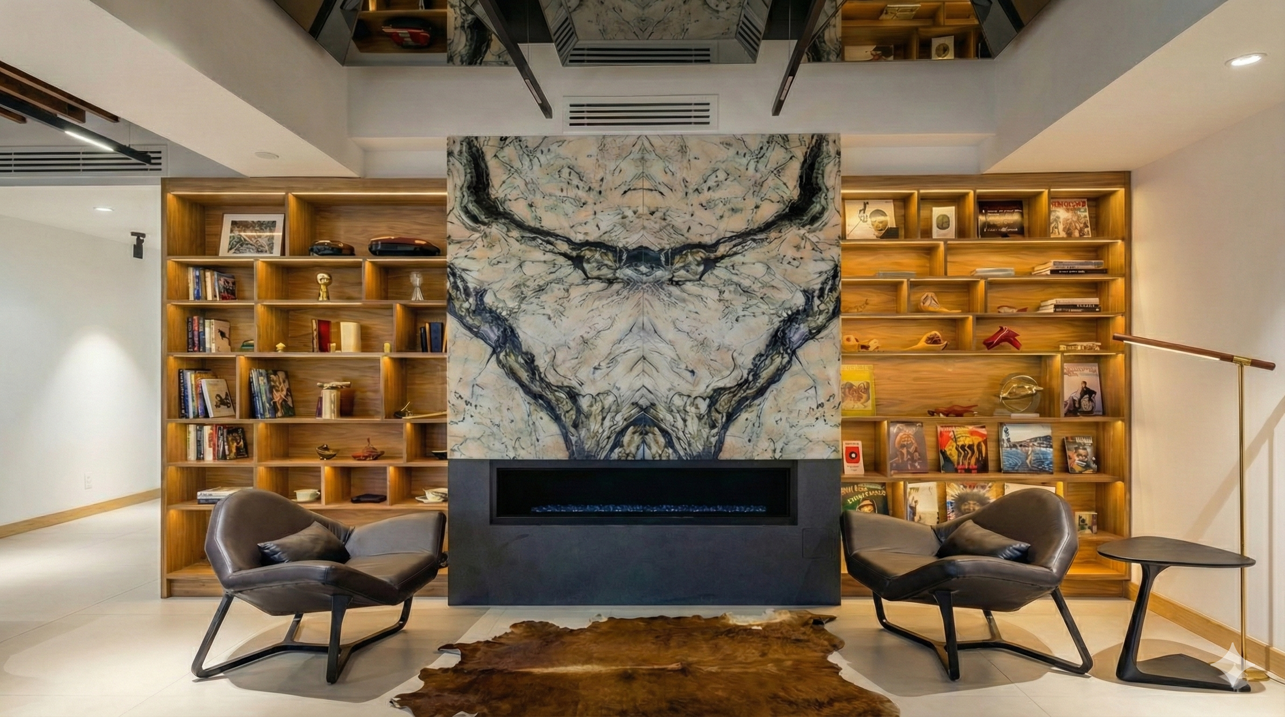 Modern living room with a marble fireplace, two dark leather chairs, a cowhide rug, and wooden bookshelves filled with books and decorative items.