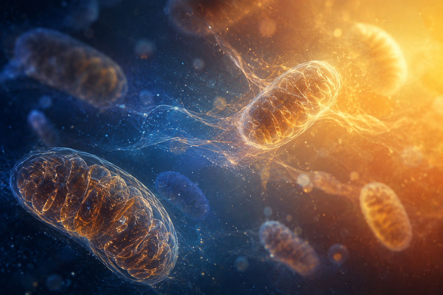 Illustration of glowing mitochondria shifting from blue to gold, representing cellular energy and light