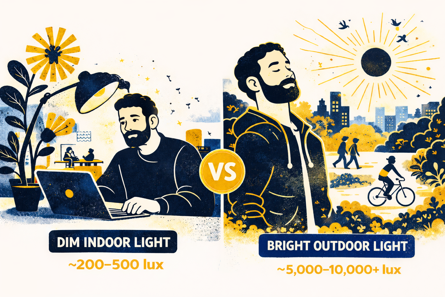 Comparison of indoor lighting and outdoor daylight lux levels.