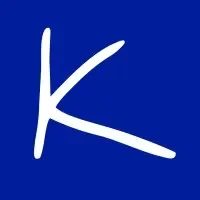 White capital letter K on a blue background.
