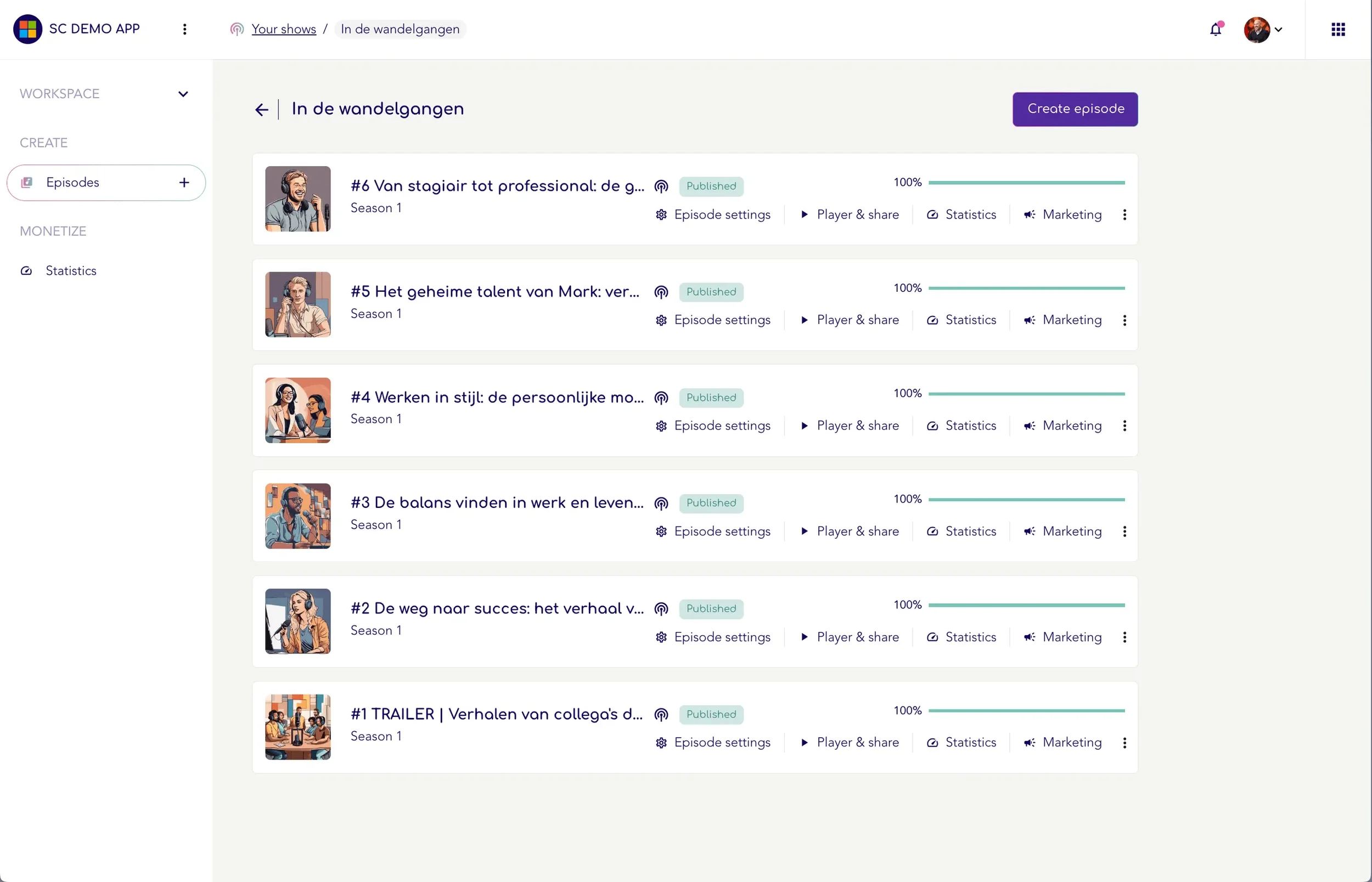Screenshot of a video podcast management platform displaying a list of episodes in a series titled 'In de wandelgangen,' with episode titles, status, and options for settings, sharing, statistics, and marketing.