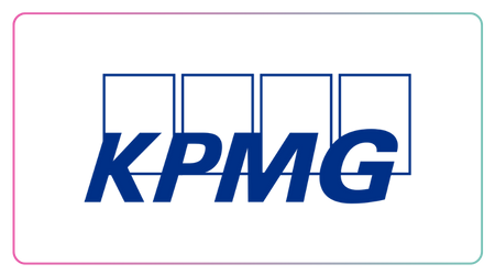 Close-up of a colorful logo with a pink background and blue text.