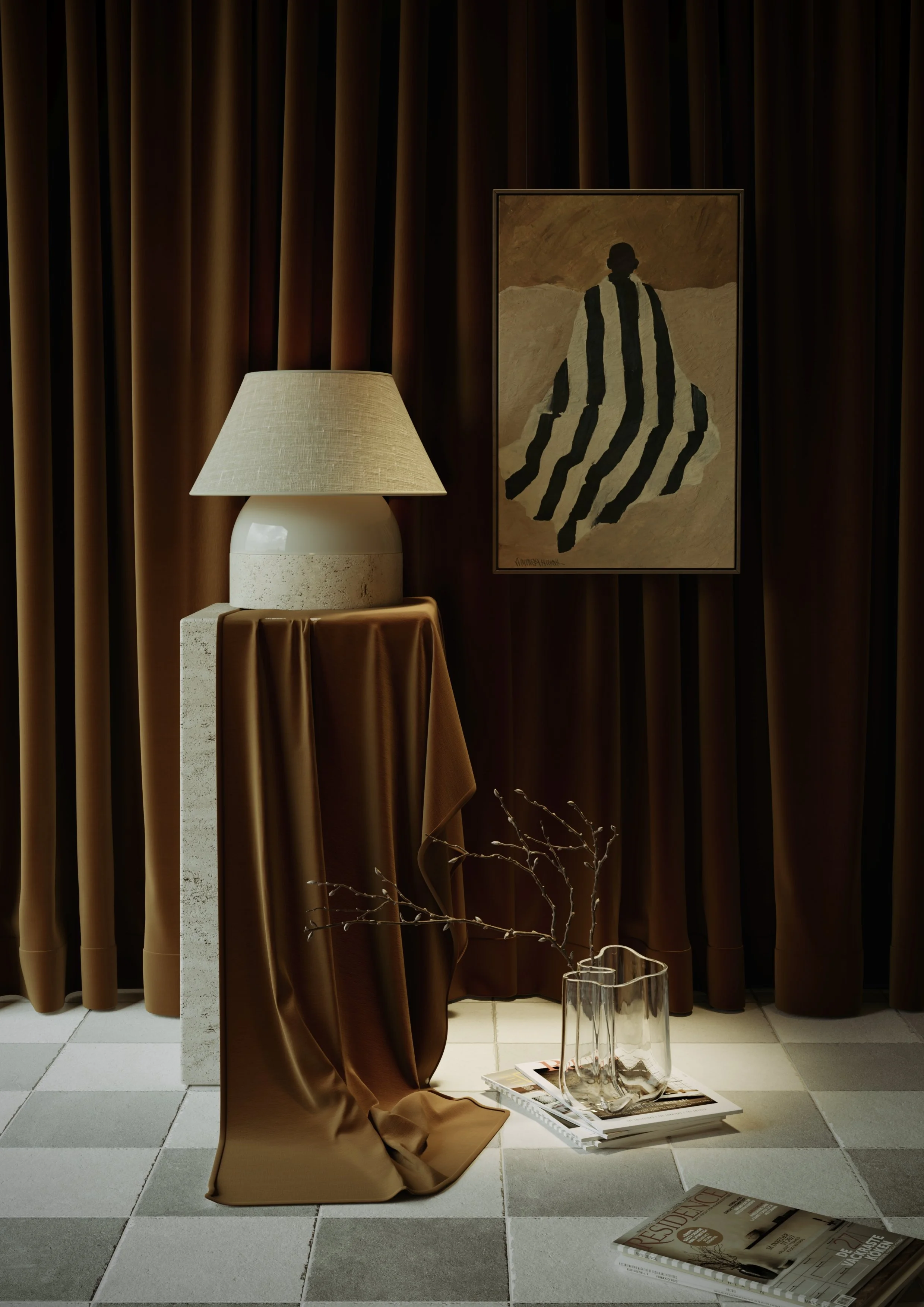 Decoração de interior com uma lâmpada, uma mesa coberta com tecido dourado, uma garrafa de vidro com galhos secos, quadros e revistas sobre o piso de azulejos.