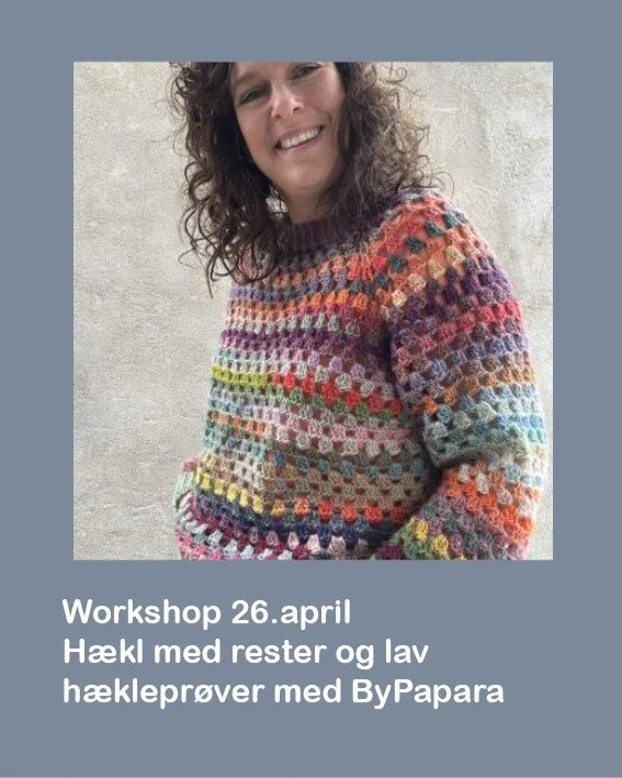 Vi skal lege med garnrester, l&aelig;re lidt om, hvordan man kan s&aelig;tte forskellige kvaliteter og farver sammen. 
Derudover arbejder vi med h&aelig;klepr&oslash;ver, hvor vigtigt det er, og hvad man kan g&oslash;re for at &aelig;ndre p&aring; de