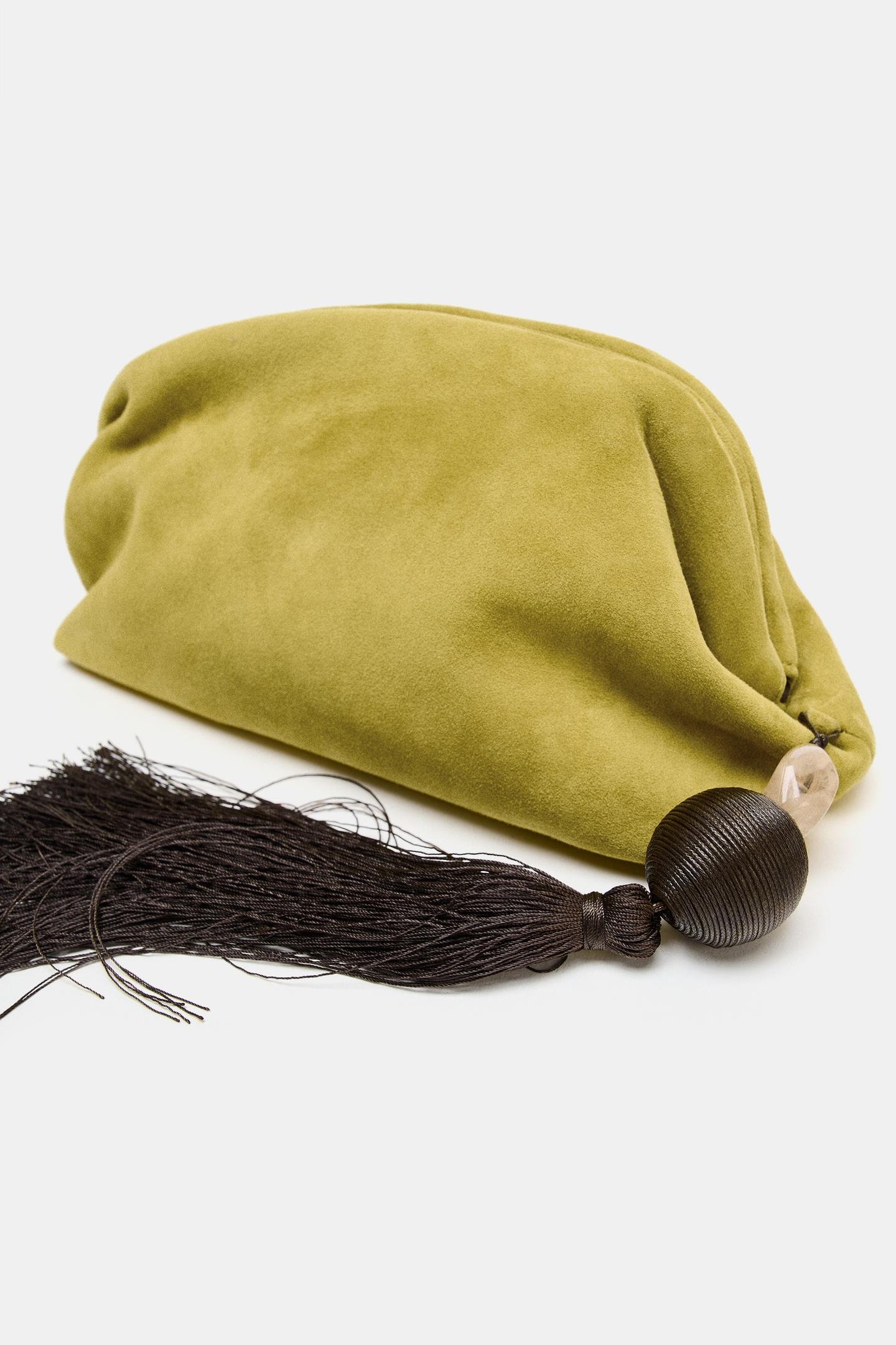 Zara Leather Clutch With Pom Pom