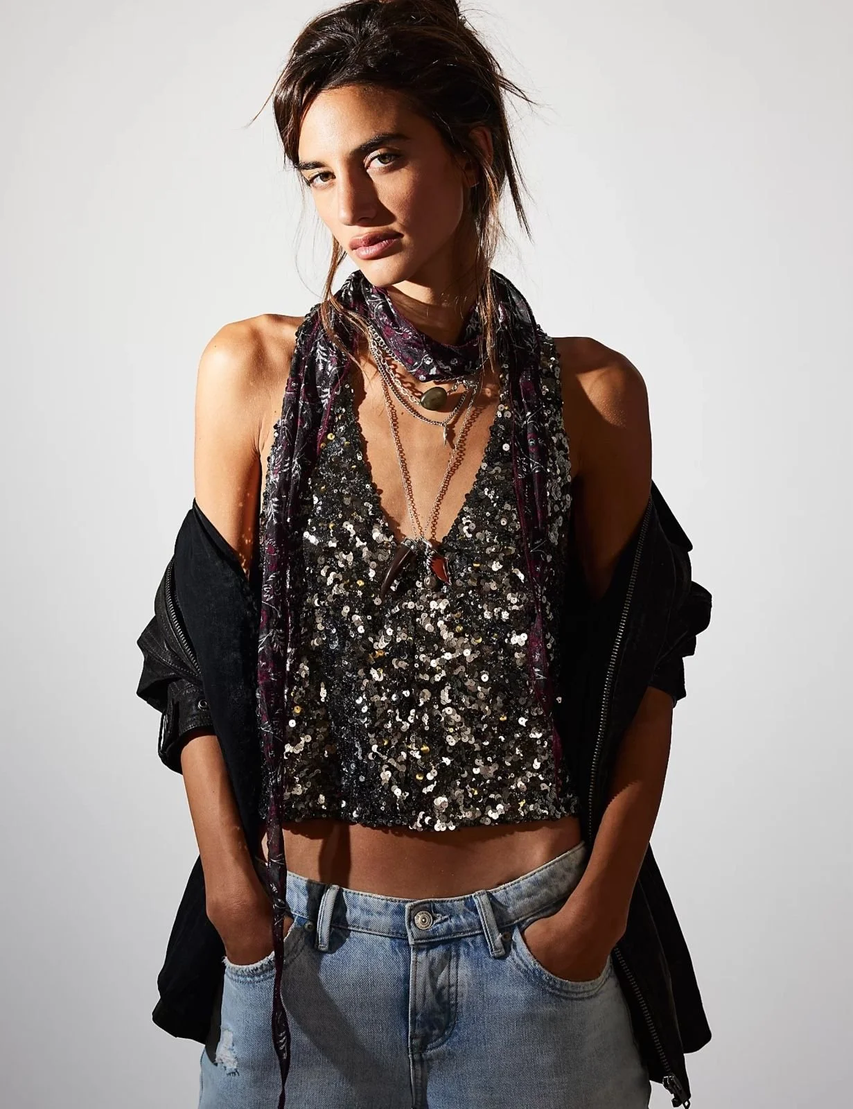 Free People Faye Shine Embellished V Neck Top