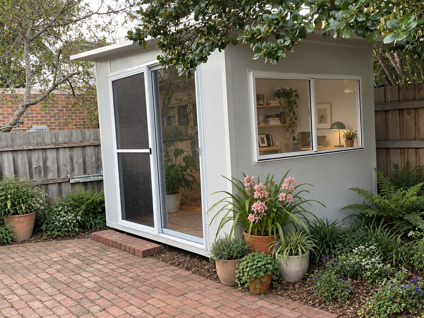 A small white garden Studio with a sliding glass door and a large window, surrounded by lush green plants and potted flowers in a backyard.