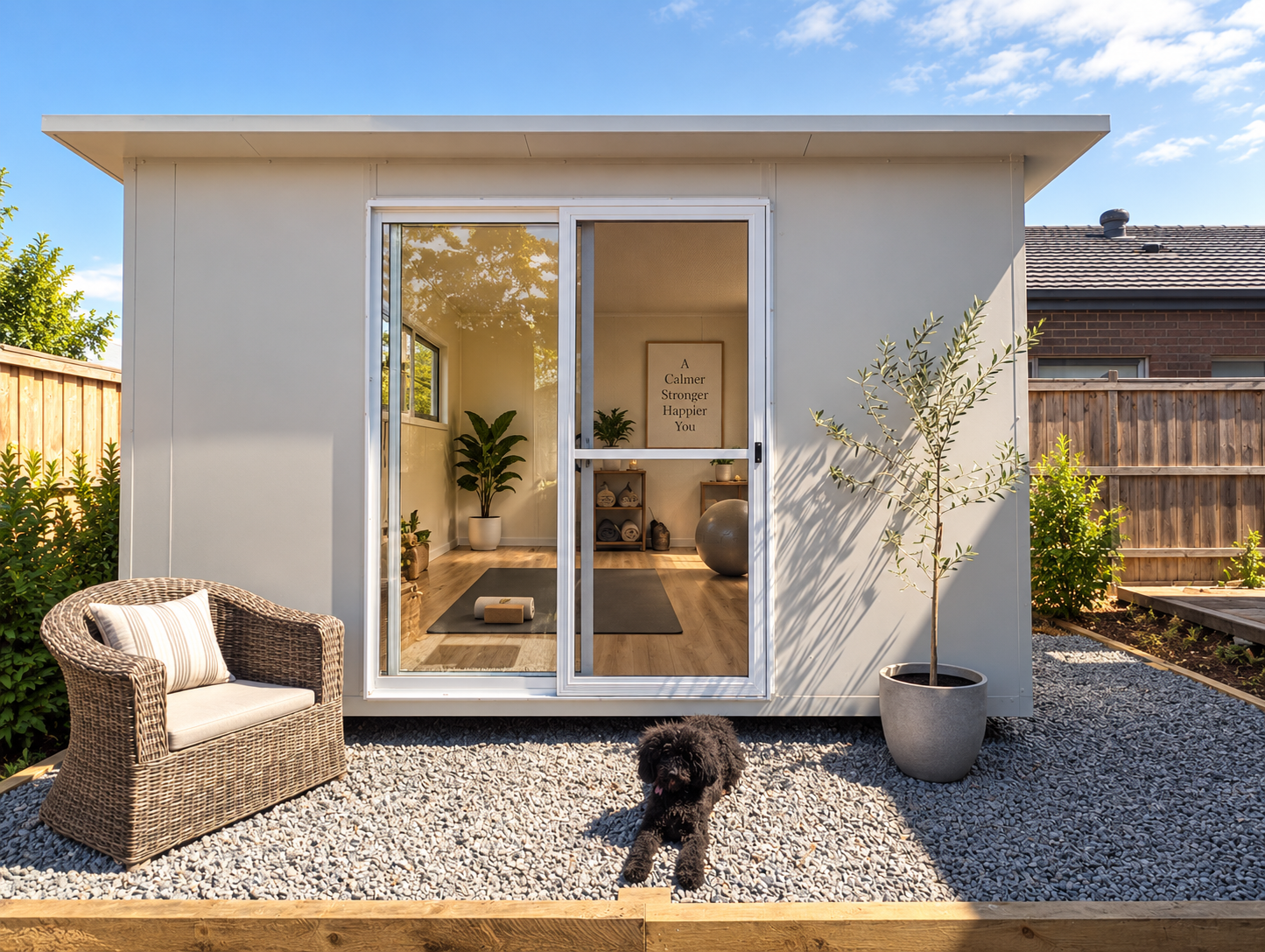 Contemporary backyard shed with large sliding glass door, outdoor wicker chair with pillow, small dog on gravel, potted tree, and view into a minimalist interior with yoga mat, plants, and decor.