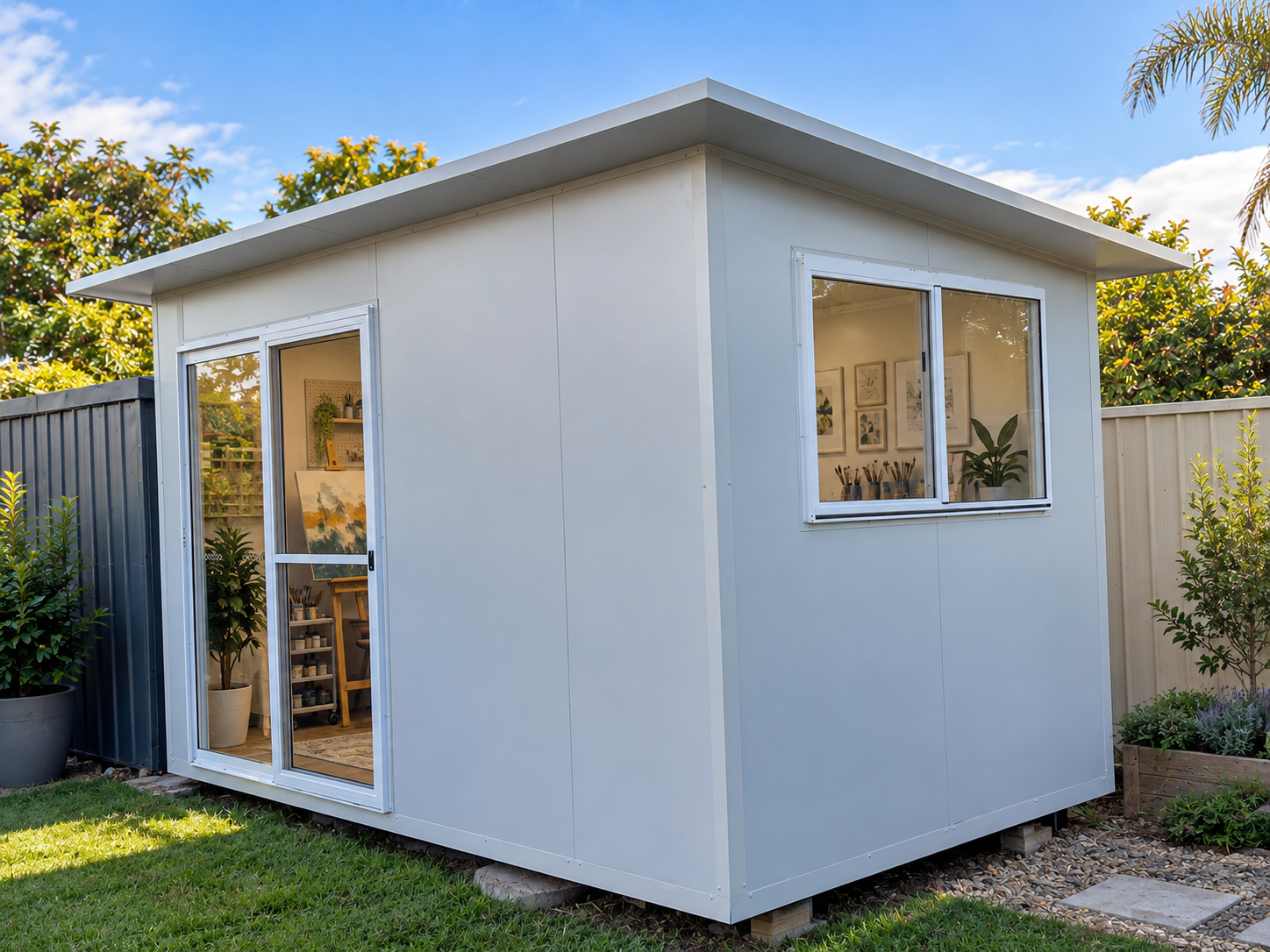 Small white garden shed with a sliding glass door and a window, surrounded by greenery and a blue sky.