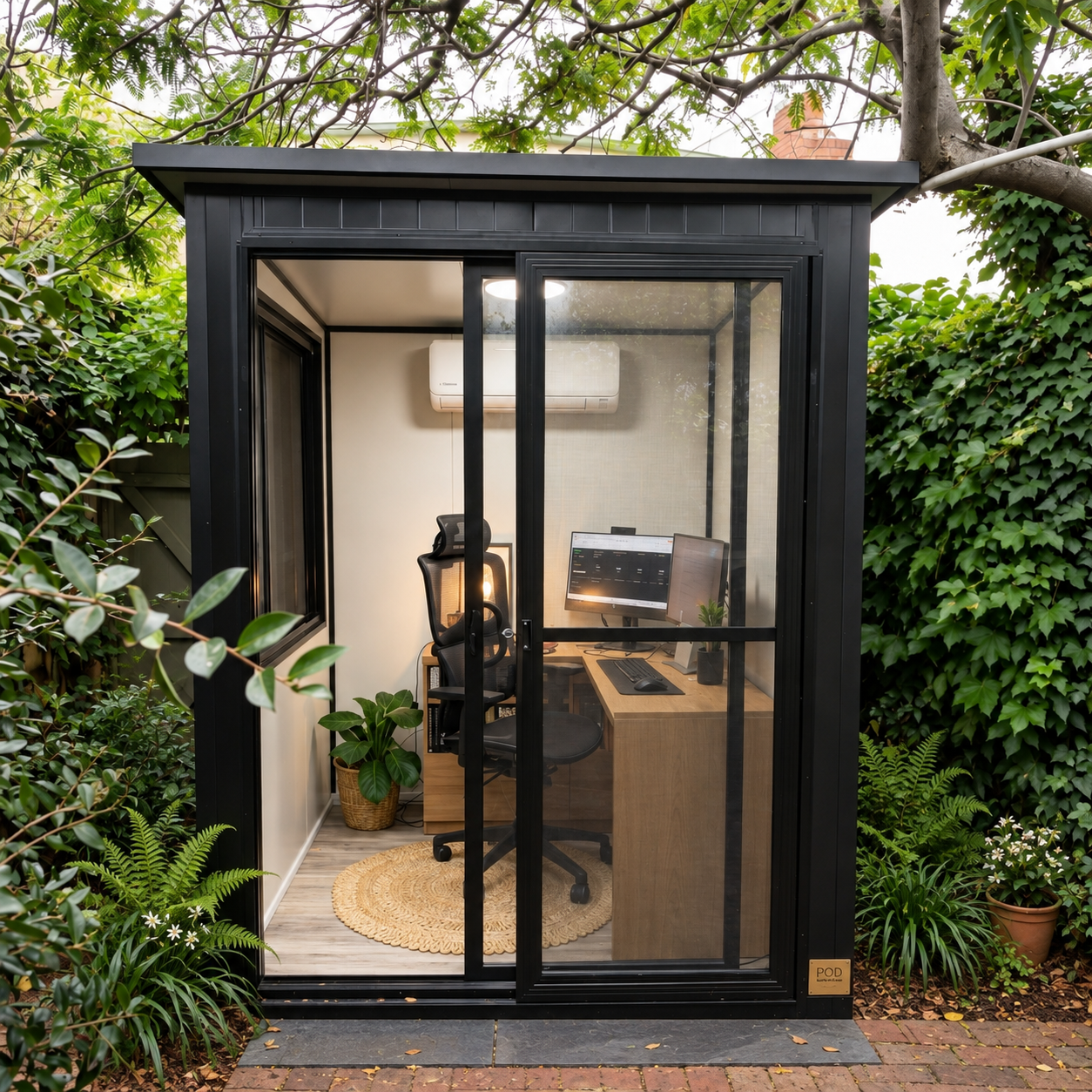 Small black modern home office with glass walls, a wooden desk, desktop computer, black office chair, potted plants, and an air conditioning unit, surrounded by lush greenery.