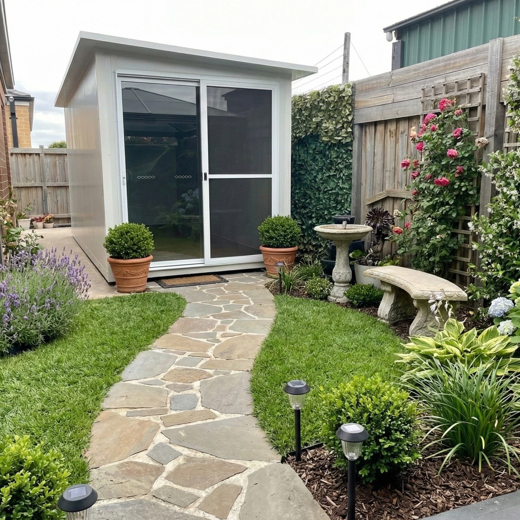 Modern white backyard office pod with flat roof and sliding glass doors, accessed by a stone garden path and surrounded by manicured lawn, flowering plants, and privacy fencing, creating a peaceful home office or studio space.