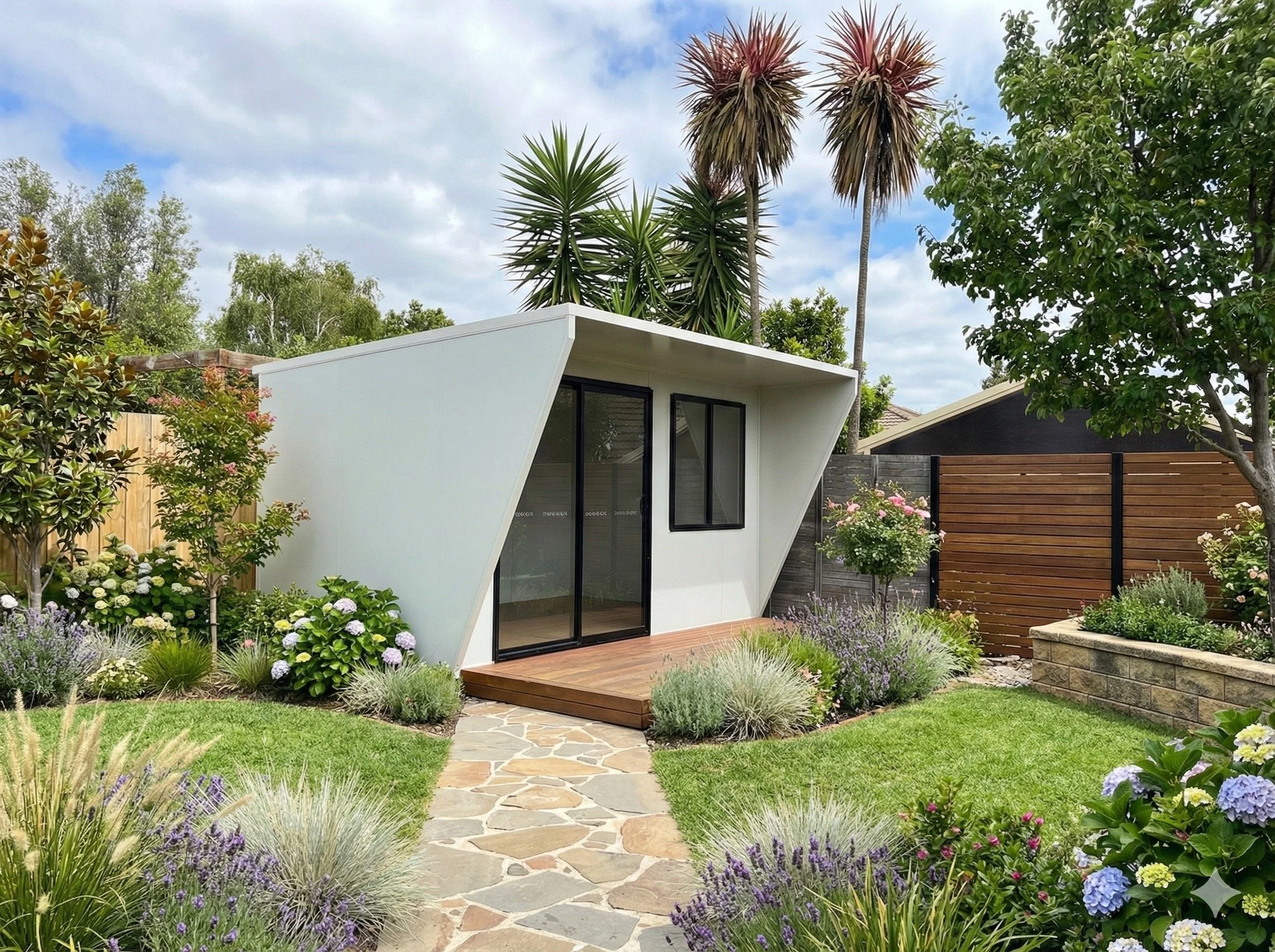 Modern white backyard pod with angular walls and sliding glass doors, set in a landscaped garden with a stone pathway, timber deck, flowering plants, and mature trees, designed as a stylish home office or studio retreat.