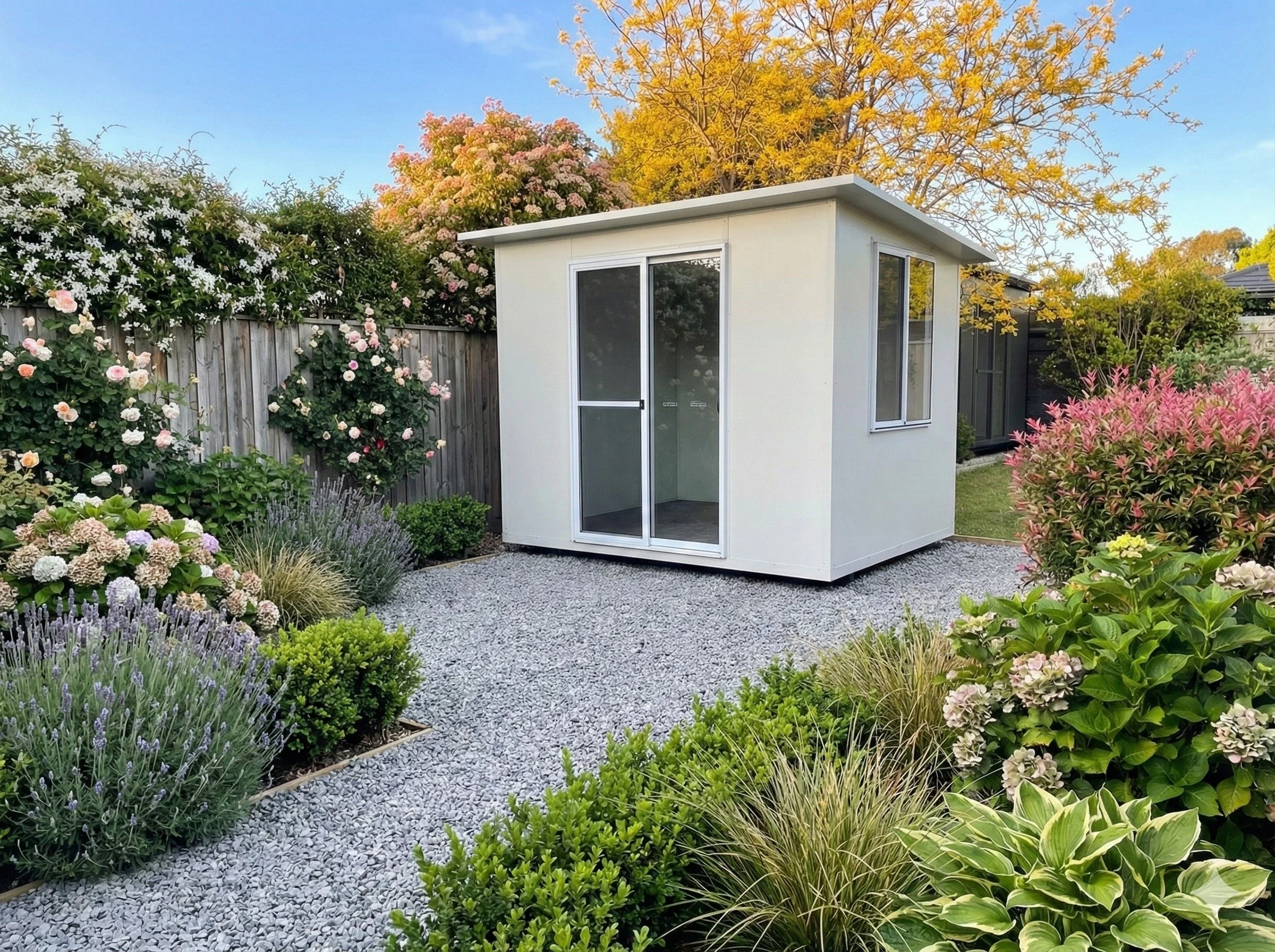 Compact white backyard pod with flat roof and sliding glass door, positioned on a gravel base and surrounded by lush landscaped garden beds, flowering shrubs, and privacy fencing, ideal as a modern home office or studio.