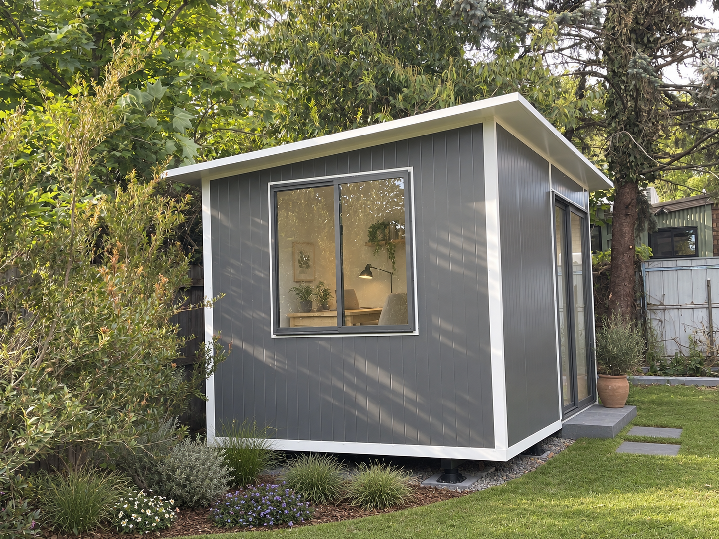 Small modern backyard shed with black siding, white trim, and a large window, surrounded by lush green plants and a lawn.