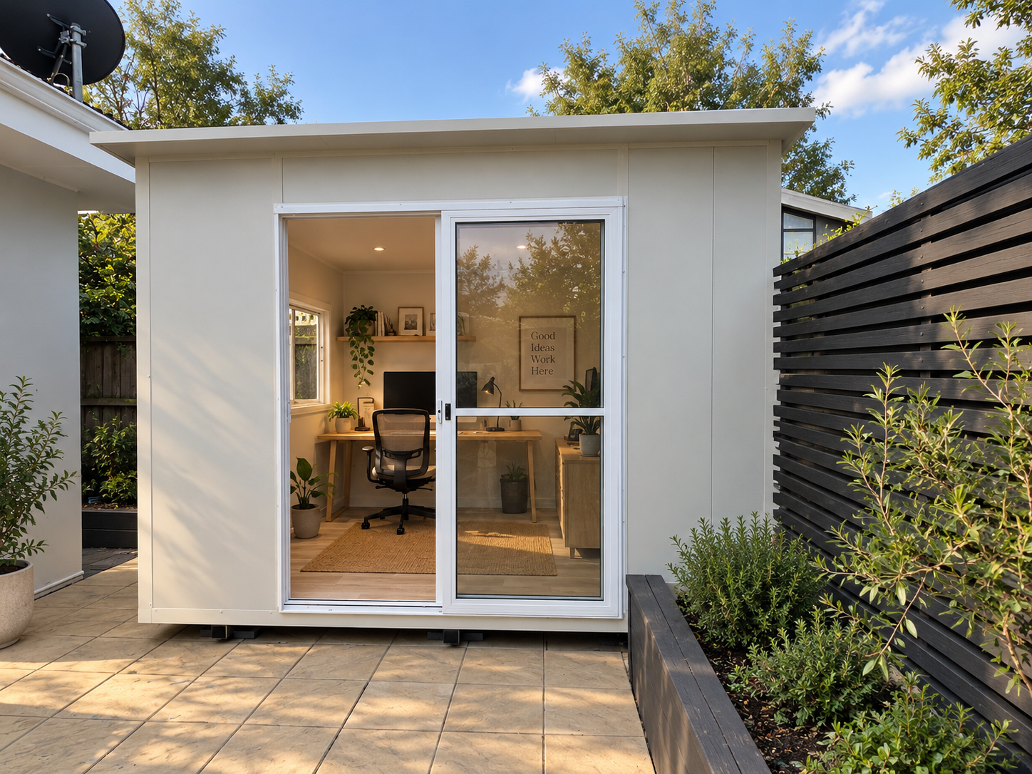 Small detached office with sliding glass door, interior with desk, chair, plants, and wall art reading "Good Ideas Work Here"; outdoor patio with plants and wooden privacy fence, clear sky overhead.