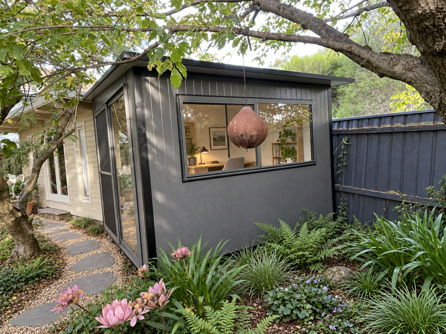 A small backyard garden with a black, modern extension of a house featuring large windows. The garden has lush green plants, pink flowers, and a stepping stone pathway. A tree with broad leaves extends over the scene.