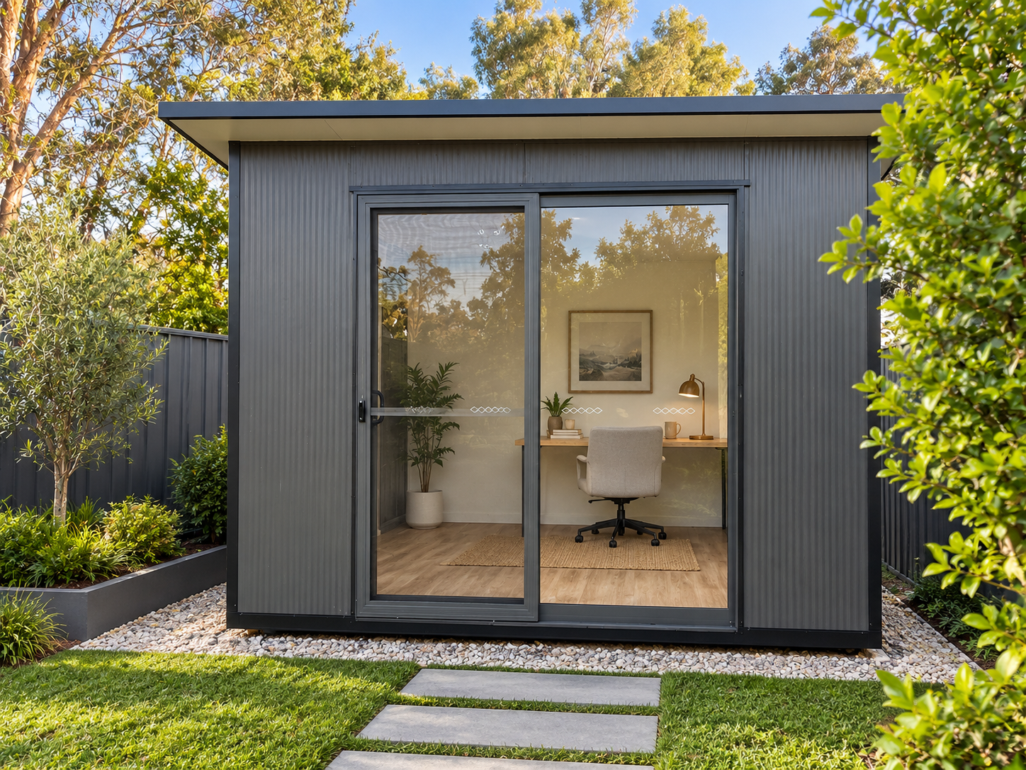 Small modern garden shed with glass sliding door, interior with desk, chair, and framed artwork, surrounded by greenery and stone pathway.