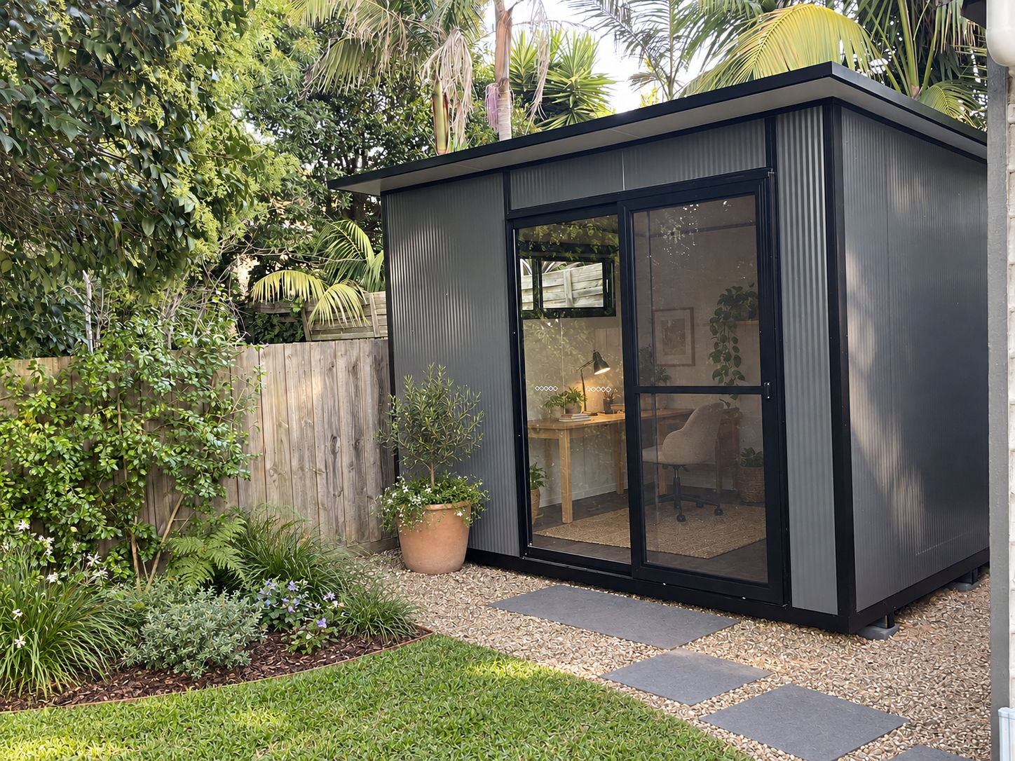 A small, modern black garden pod with glass sliding doors, situated in a landscaped backyard with lush green plants and a wooden fence.