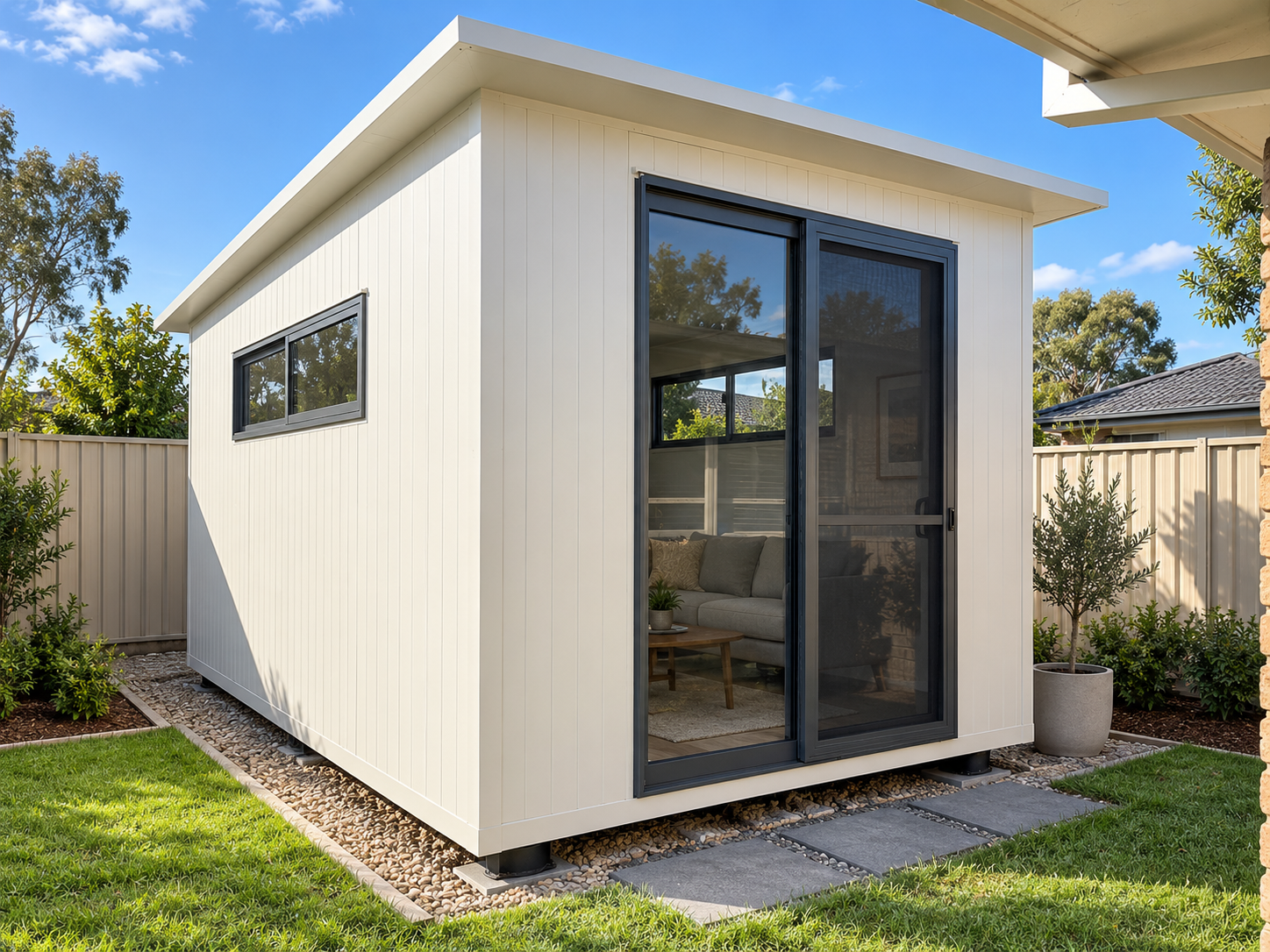 Small modern backyard office shed with white siding, black framed sliding glass door, and a small window, surrounded by green grass, plants, and a beige fence.