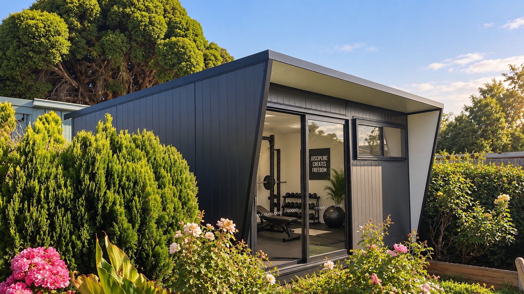 Small, modern black fitness shed with an open door, surrounded by lush green bushes and flowering plants, with a sunny sky in the background.