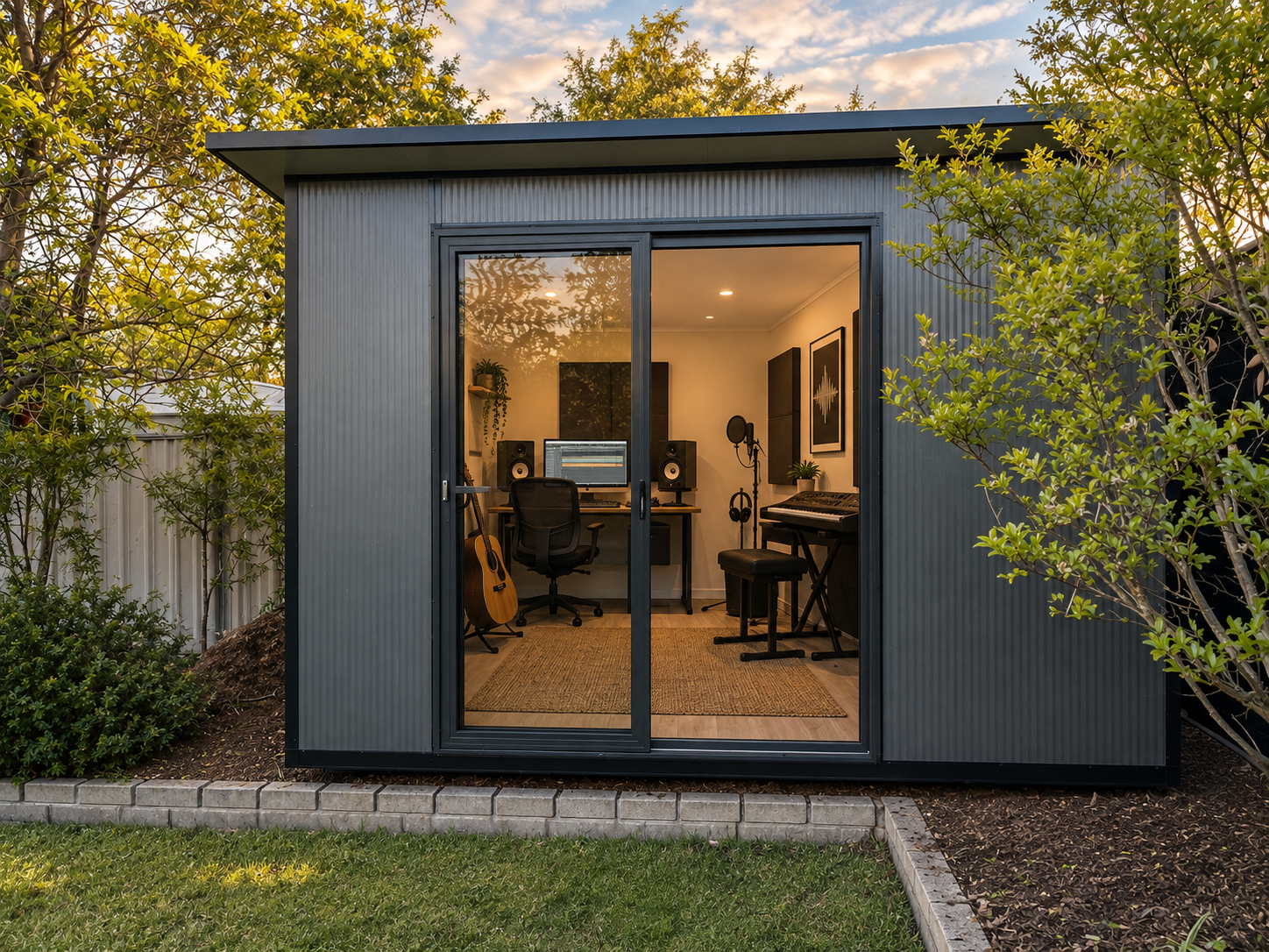 Interior of a music or recording studio inside a small black metal shed, with a computer, speakers, a keyboard, and a guitar, viewed through a large glass sliding door, surrounded by trees and greenery at sunset.