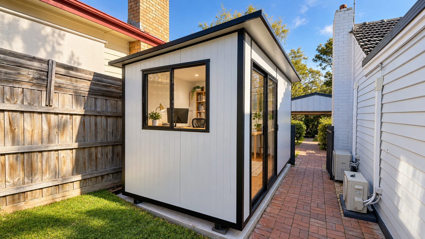 A small backyard office shed with white exterior panels, black trim, a large window, and a glass door, situated between a wooden fence and a white house with brick accents, in a green backyard with a brick pathway.