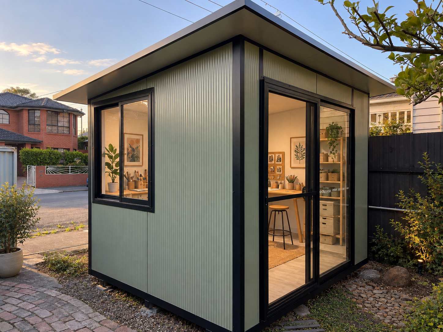Small modern garden studio with metal siding, large glass sliding door, and interior decor including plants and artwork, situated outdoors with surrounding plants and neighboring houses.